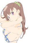  1girl absurdres arms_behind_head bangs bare_arms bare_shoulders bikini blue_bikini breasts brown_hair donguri_suzume hands_up highres long_hair looking_at_viewer looking_to_the_side medium_breasts scrunchie simple_background solo star star_print swimsuit upper_body violet_eyes white_background 