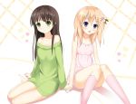  2girls absurdres argyle argyle_background bangs bare_legs bare_shoulders barefoot blunt_bangs blush breasts brown_hair chair cleavage closed_mouth collarbone commentary dress eyebrows_visible_through_hair flower gochuumon_wa_usagi_desu_ka? green_eyes green_sweater hair_flower hair_ornament hairclip hand_holding heart highres hoto_cocoa kneehighs knees_together_feet_apart long_hair long_sleeves looking_at_viewer lounge_chair maki_ookami multiple_girls nightgown off_shoulder open_mouth orange_hair pink_dress pink_flower pink_legwear sitting sleeveless sleeveless_dress small_breasts smile sweater sweater_dress ujimatsu_chiya violet_eyes white_background 