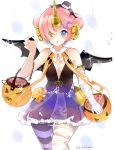  1girl :o bat_wings berserker_of_black blue_eyes breasts candy cleavage double_bun dress fake_wings fate/grand_order fate_(series) food frankenstein&#039;s_monster_(swimsuit_saber)_(fate) hair_ornament hair_over_one_eye hairclip halloween halloween_costume hat heterochromia horn itohime jack-o&#039;-lantern looking_at_viewer pantyhose pink_hair ribbon short_dress short_hair small_breasts solo sparkling_eyes striped striped_legwear twitter_username wings yellow_eyes 