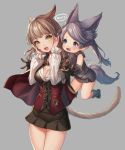  &gt;:d 2girls :d animal_ears bangs black_skirt blouse blue_eyes breasts brown_hair corset eyebrows_visible_through_hair fang final_fantasy final_fantasy_xiv floating gao grey_background grey_hair hands_up highres lalafell long_hair long_sleeves medium_breasts miniskirt miqo&#039;te multiple_girls open_mouth romaji simple_background skirt smile swept_bangs tail tareme teeth twintails white_blouse yellow_eyes yu-ri 