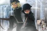  3girls :d :o animal_ears black_gloves black_hair bleeding blonde_hair blood blue_eyes blurry blurry_background blush_stickers chito_(shoujo_shuumatsu_ryokou) genya_(genya67) gloves gun hand_on_another&#039;s_shoulder hat helmet highres holding holding_gun holding_weapon long_hair looking_at_hand made_in_abyss military military_uniform monster_girl multiple_girls nanachi_(made_in_abyss) open_mouth rifle short_hair shoujo_shuumatsu_ryokou sign smile spine sweatdrop uniform weapon white_hair yuuri_(shoujo_shuumatsu_ryokou) 