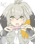  1girl blonde_hair blush eyebrows_visible_through_hair fingerless_gloves gloves grey_shirt head_wings highres kemono_friends kokuin looking_at_viewer multicolored_hair necktie pregnancy_test shirt shoebill_(kemono_friends) silver_hair sketch solo white_neckwear yellow_eyes 