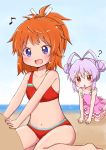  2girls :&lt; :d ? all_fours antenna_hair bangs bare_arms bare_shoulders beach bikini blue_eyes blue_sky blush brown_eyes brown_hair casual_one-piece_swimsuit collarbone commentary_request day double_bun eyebrows_visible_through_hair frilled_swimsuit frills hair_between_eyes hair_ribbon hair_up halter_top halterneck highres horizon koshigaya_natsumi miyauchi_renge multiple_girls non_non_biyori ocean one-piece_swimsuit open_mouth outdoors parted_lips pink_swimsuit red_bikini ribbon sand shika_(s1ka) sidelocks sitting sky smile swimsuit triangle_mouth wariza white_ribbon 