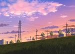  1girl bicycle bird blue_sky brown_hair clouds cloudy_sky commentary_request doora_(dora0913) evening gradient_sky grass ground_vehicle long_hair original outdoors power_lines purple_sky scenery sky solo telephone_pole transmission_tower tree twilight 