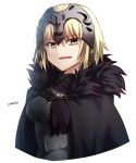  1girl armor bangs black_cape blonde_hair breasts cape cloak commentary_request eyebrows_visible_through_hair fate/grand_order fate_(series) fur_collar fur_trim gauntlets headpiece highres ichiren_namiro jeanne_alter looking_at_viewer ruler_(fate/apocrypha) short_hair side_slit sidelocks simple_background smile upper_body vambraces white_background yellow_eyes 