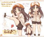  1girl 7010 :d baseball_glove blush brown_hair chibi commentary directional_arrow fangs green_eyes hair_ornament hairclip hat himekawa_yuki idolmaster idolmaster_cinderella_girls leg_up long_hair looking_at_viewer multiple_views open_mouth shorts smile sweat translation_request wristband 