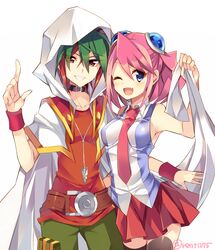  1boy 1girl ;d armpits belt black_legwear blue_eyes choker green_hair green_pants hairpods hiiragi_yuzu hood jewelry looking_at_viewer multicolored_hair necklace necktie one_eye_closed open_mouth orange_shirt pants pink_hair red_neckwear red_skirt redhead rento_(rukeai) sakaki_yuuya shirt short_hair skirt sleeveless sleeveless_shirt smile thigh-highs twitter_username white_background yu-gi-oh! yuu-gi-ou_arc-v 