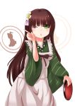  1girl ;o absurdres ama_usa_an_uniform apron ayatsuki_(luna0707) bangs blunt_bangs blush breasts brown_hair collarbone commentary_request cowboy_shot eyebrows_visible_through_hair flower gochuumon_wa_usagi_desu_ka? green_eyes green_kimono hair_flower hair_ornament highres holding holding_tray index_finger_raised japanese_clothes kimono long_hair long_sleeves looking_at_viewer maid_apron one_eye_closed open_mouth polka_dot_trim rabbit silhouette small_breasts solo standing striped striped_kimono tray ujimatsu_chiya white_apron white_background white_flower wide_sleeves 
