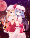  2girls ascot bat blonde_hair blue_hair bow dress flandre_scarlet frills halloween hands_clasped hat hat_bow mob_cap moon multiple_girls pointy_ears red_eyes red_moon red_neckwear reimei_(r758120518) remilia_scarlet sash short_hair siblings sisters touhou wings yellow_neckwear 