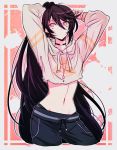  1girl black_hair hood hoodie long_hair looking_away mao_(expuella) navel panties pants ponytail solo sweater tales_of_(series) tales_of_berseria underwear velvet_crowe yellow_eyes 