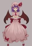  1girl ascot blue_hair bow crossed_arms dress hat hat_bow hitsune looking_at_viewer mob_cap red_eyes remilia_scarlet sash short_hair smile solo touhou wings 