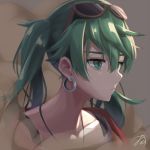  1girl collarbone earrings eyewear_on_head green_eyes green_hair hatsune_miku jewelry long_hair looking_away mirea necklace revision solo suna_no_wakusei_(vocaloid) sunglasses twintails upper_body vocaloid 