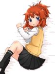  1girl bangs bed_sheet black_legwear black_skirt blue_eyes blush brown_hair closed_mouth commentary_request from_above hair_ribbon high_ponytail kneehighs koshigaya_natsumi long_hair long_sleeves looking_at_viewer looking_to_the_side lying no_shoes non_non_biyori on_side pleated_skirt ribbon shika_(s1ka) shirt skirt solo sweater_vest tongue tongue_out white_ribbon white_shirt 