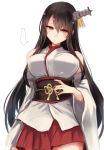  1girl bare_shoulders black_hair blush breasts closed_mouth cowboy_shot detached_sleeves fusou_(kantai_collection) hakama_skirt headgear japanese_clothes kantai_collection large_breasts long_hair looking_at_viewer nontraditional_miko obi red_eyes sash sidelocks solo utopia wide_sleeves 