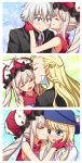  1girl 3boys :d bisexual_(female) blonde_hair blue_eyes blush charles_henri_sanson_(fate/grand_order) cheek_kiss closed_eyes drill_hair embarrassed fate/grand_order fate_(series) formal frown hat kiss le_chevalier_d&#039;eon_(fate/grand_order) long_hair marie_antoinette_(fate/grand_order) multiple_boys nakamura_hinato necktie open_mouth silver_hair smile suit twin_drills twintails wavy_mouth wolfgang_amadeus_mozart_(fate/grand_order) 