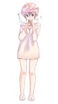  1girl after_shower animal_slippers blue_eyes blush brown_hair commentary_request full_body hair_between_eyes hood hoodie looking_at_viewer original short_hair simple_background slippers solo standing suzunari_shizuku towel towel_on_head white_background yuki_arare 