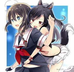  2girls animal_ears azur_lane black_gloves black_hair black_serafuku black_skirt blue_eyes blush_stickers braid cowboy_shot crossover fang gloves hair_over_shoulder headgear highres hug hug_from_behind kantai_collection long_hair midriff multiple_girls namesake navel neckerchief pleated_skirt red_eyes red_neckwear school_uniform serafuku shigure_(azur_lane) shigure_(kantai_collection) single_braid single_glove skirt tail twitter_username white_skirt wolf_ears wolf_tail yukichi_(eikichi) 