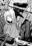  1boy 1girl akane_sawatari_(chainsaw_man) arm_around_neck bangs black_coat chainsaw_man coat facing_to_the_side greyscale hat highres hood hoodie katana katana_man_(chainsaw_man) looking_at_viewer military_hat monochrome riki_(riki_unc) scene_reference short_hair simple_background slit_pupils sword teeth weapon white_background white_hair 