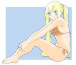  1girl absurdres bangs bare_arms bare_legs bare_shoulders barefoot bikini blue_background blue_eyes breasts closed_mouth donguri_suzume eyebrows_visible_through_hair from_side highres legs_together long_hair looking_at_viewer looking_to_the_side medium_breasts orange_bikini scrunchie side-tie_bikini sideboob sitting smile solo swimsuit twintails very_long_hair 