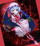  1860_(ichi) 1girl ascot blue_hair bow dress fang hat hat_bow highres looking_at_viewer mob_cap puffy_short_sleeves puffy_sleeves red_eyes red_neckwear remilia_scarlet short_sleeves solo spear_the_gungnir tongue tongue_out touhou wings 