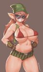  &gt;:d 1girl :d artist_name bare_shoulders bikini_top blush breasts brown_gloves brown_hair character_request cleavage collarbone commentary cowboy_shot dark_skin elbow_gloves gloves gluteal_fold green_:hat green_shorts green_vest grey_background grin hands_on_hips heart highres huge_breasts journey_to_the_west legs_apart long_hair looking_at_viewer navel nestkeeper open_clothes open_mouth open_vest pointy_ears red_bikini_top short_shorts shorts simple_background sleeveless smile solo standing stomach striped sunglasses teeth thighs under_boob vertical-striped_shorts vertical_stripes very_long_hair vest 