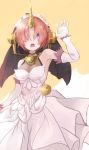  1girl :o berserker_of_black blue_eyes bridal_veil dress elbow_gloves fate/apocrypha fate/grand_order fate_(series) gloves hair_ornament hair_over_one_eye horn looking_at_viewer maron3130 pink_hair short_hair solo veil wedding_dress white_dress white_gloves 