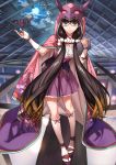  1girl :&gt; bat black_hair brown_hair fate/grand_order fate_(series) fingerless_gloves floral_print gloves gradient_hair hair_bobbles hair_ornament holding hole hole_in_ceiling hood hoodie long_hair looking_at_viewer low_twintails moriyama_daisuke multicolored_hair osakabe-hime_(fate/grand_order) red_eyes ribbon_trim sandals socks standing tablet twintails very_long_hair white_legwear 