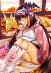  1girl autumn_leaves bat black_hair fate/grand_order fate_(series) floral_print fox glasses long_hair looking_at_viewer moriyama_daisuke official_art origami osakabe-hime_(fate/grand_order) red_eyes red_ribbon ribbon ribbon_trim sitting smile stylus tablet very_long_hair 