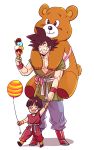  1boy 1girl balloon black_eyes black_hair boots closed_eyes dougi dragon_ball dragonball_z food grandfather_and_granddaughter hand_holding happy highres ice_cream looking_at_another looking_down miiko_(drops7) open_mouth pan_(dragon_ball) simple_background smile son_gokuu stuffed_animal stuffed_toy teddy_bear white_background 