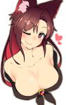  1girl animal_ears bangs bare_shoulders breasts brooch brown_hair cleavage closed_mouth collarbone heart highres imaizumi_kagerou jewelry large_breasts long_hair looking_at_viewer multicolored_hair one_eye_closed red_eyes redhead simple_background smile solo taketora_suzume touhou two-tone_hair upper_body wavy_mouth white_background wolf_ears 