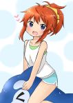  &gt;_&lt; 1girl :d absurdres bangs bare_arms bare_shoulders blue_eyes blue_shorts blush brown_hair commentary_request eyebrows_visible_through_hair hair_ornament hair_scrunchie head_tilt heart high_ponytail highres inflatable_dolphin inflatable_toy koshigaya_natsumi long_hair looking_at_viewer non_non_biyori open_mouth scrunchie shika_(s1ka) shirt shorts sidelocks sitting sitting_on_object sleeveless sleeveless_shirt smile solo straddling water_drop wet wet_hair white_shirt yellow_scrunchie 