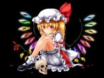  1girl black_background blonde_hair bloomers bow flandre_scarlet frills glowing glowing_wings hands_on_own_knees hat highres looking_at_viewer m9kndi mob_cap petals puffy_short_sleeves puffy_sleeves red_bow red_eyes red_ribbon red_shirt red_skirt ribbon shirt shoes short_hair short_sleeves simple_background sitting skirt skull socks solo touhou underwear wings 
