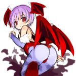  1girl bangs bare_back bare_shoulders bat_wings blush bridal_gauntlets demon_girl eyebrows_visible_through_hair from_behind fur_trim hair_between_eyes head_wings kurasuke leotard lilith_aensland looking_at_viewer looking_back pantyhose purple_hair purple_legwear red_eyes red_footwear red_leotard short_hair sketch solo strapless strapless_leotard vampire_(game) wings 