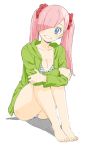  1girl absurdres bangs bare_legs barefoot bikini blue_bikini blue_eyes breasts cleavage crossed_arms donguri_suzume full_body green_jacket grin hair_over_one_eye head_tilt highres hood hood_down hooded_jacket jacket legs_together long_hair long_sleeves looking_at_viewer one_eye_covered pink_hair scrunchie simple_background sitting smile solo striped striped_bikini swimsuit twintails white_background 