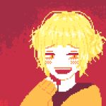  1girl blonde_hair blush boku_no_hero_academia cardigan commentary_request double_bun ee09 highres laughing looking_to_the_side open_mouth orange_eyes pixel_art red_background short_hair sleeves_past_wrists solo toga_himiko upper_body 