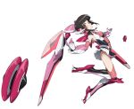  1girl armpits bangs bare_shoulders black_hair blunt_bangs boots breasts character_request closed_mouth commentary_request covered_navel flying from_side gauntlets headgear ikezawa_shin knee_boots leotard looking_at_viewer pink_eyes pleated_skirt senki_zesshou_symphogear short_hair simple_background skirt small_breasts solo thigh-highs weapon white_background 