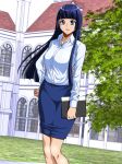  1girl aoki_reika blue_eyes blue_hair breasts hand_on_hip hime_cut itachou long_hair looking_at_viewer medium_breasts open_mouth outdoors pencil_skirt precure skirt smile_precure! solo standing 