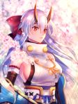  1girl bare_shoulders bow breasts cherry_blossoms elbow_gloves fate_(series) gloves hair_bow highres horns large_breasts long_hair looking_to_the_side moe_(hamhamham) red_bow red_eyes sideboob solo standing tomoe_gozen_(fate/grand_order) white_hair 