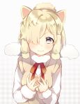  1girl alpaca_ears alpaca_suri_(kemono_friends) animal_ears beige_vest blonde_hair blush fur-trimmed_sleeves fur_collar fur_trim grey_eyes hair_bun hair_over_one_eye hair_tie hands_on_own_chest heart heart-shaped_pupils kemono_friends leafwow light_smile long_sleeves looking_at_viewer plaid plaid_background short_over_long_sleeves solo symbol-shaped_pupils upper_body vest white_background 