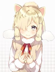  1girl alpaca_ears alpaca_suri_(kemono_friends) animal_ears beige_vest blonde_hair blush fur-trimmed_sleeves fur_collar fur_trim grey_eyes hair_bun hair_over_one_eye hair_tie hands_on_own_chest heart heart-shaped_pupils kemono_friends leafwow light_smile long_sleeves looking_at_viewer plaid plaid_background short_over_long_sleeves solo symbol-shaped_pupils upper_body vest white_background 