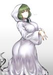  1girl ass bangs breasts dress from_behind ghost_pose ghost_tail gradient gradient_background green_dress green_eyes green_hair grey_background hooded_robe huge_ass large_breasts long_sleeves looking_at_viewer looking_back short_hair simple_background soga_no_tojiko solo touhou unamused white_background wide_hips yuugatou_(yuuzutu) 