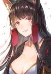  1girl akagi_(azur_lane) animal_ears azur_lane bangs breasts brown_hair cleavage detached_collar fox_ears highres large_breasts lips long_hair looking_at_viewer myusha open_clothes parted_lips red_eyes ribbon_trim shiny shiny_hair sidelocks simple_background smile solo straight_hair tassel upper_body very_long_hair white_background 