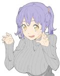  1girl :d absurdres bangs blue_hair breasts brown_eyes donguri_suzume grey_sweater hair_tie hands_up highres large_breasts long_sleeves looking_at_viewer open_mouth ribbed_sweater simple_background smile solo sweater turtleneck turtleneck_sweater twintails white_background 