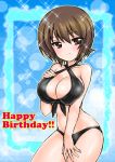 black_swimsuit breast_suppress breasts brown_eyes brown_hair burafu cleavage criss-cross_halter girls_und_panzer halterneck happy_birthday large_breasts looking_at_viewer nishizumi_maho short_hair sparkle swimsuit 