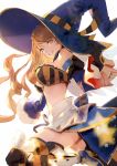  1girl bare_shoulders beatrix_(granblue_fantasy) breasts brown_hair detached_sleeves frills gloves granblue_fantasy green_eyes grin hat large_breasts large_hat long_hair looking_at_viewer midriff nido_celisius simple_background skirt smile solo striped striped_legwear thigh-highs white_background witch_hat 