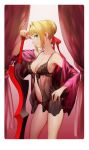  1girl aestus_estus ahoge armpits babydoll bare_shoulders blonde_hair braid breasts cleavage closed_mouth contrapposto cowboy_shot curtains eyebrows_visible_through_hair fate/extra fate_(series) from_side gradient gradient_background green_eyes hair_bun hair_ribbon hand_on_hip lingerie looking_at_viewer medium_breasts off_shoulder panties pink_background profile red_panties red_ribbon ribbon saber_extra salmon88 see-through short_hair sidelocks smile solo standing sword thighs underwear underwear_only weapon 