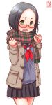  1girl alternate_costume alternate_hairstyle bespectacled black_hair black_skirt blush brown_eyes dated forehead glasses grey_sweater highres jacket kanon_(kurogane_knights) kantai_collection kuroshio_(kantai_collection) logo looking_at_viewer neckerchief plaid plaid_scarf pleated_skirt red-framed_eyewear red_neckwear scarf school_uniform serafuku short_eyebrows short_hair simple_background skirt solo thick_eyebrows white_background 