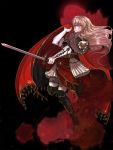  1girl armor black_background blonde_hair cape earrings fire_emblem fire_emblem:_seisen_no_keifu floral_background flower gloves high_heels highres holding holding_sword holding_weapon jewelry lachesis_(fire_emblem) rose skirt sword tempe weapon 