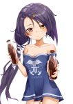  1girl ame. azur_lane bare_shoulders black_hair bottle breasts brown_eyes cassin_(azur_lane) cleavage cola collarbone cowboy_shot hair_ornament hairclip heterochromia holding holding_bottle long_hair looking_at_viewer low-tied_long_hair mole mole_under_eye off-shoulder_shirt shirt short_sleeves simple_background soda_bottle solo very_long_hair white_background yellow_eyes 
