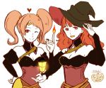  2girls celica_(fire_emblem) fire_emblem fire_emblem_echoes:_mou_hitori_no_eiyuuou fire_emblem_gaiden fire_emblem_heroes grin halloween halloween_costume hat intelligent_systems lantern long_hair looking_at_viewer mae_(fire_emblem) multiple_girls nintendo pink_hair redhead signature simple_background smile super_smash_bros. twintails wavy_hair witch witch_hat 